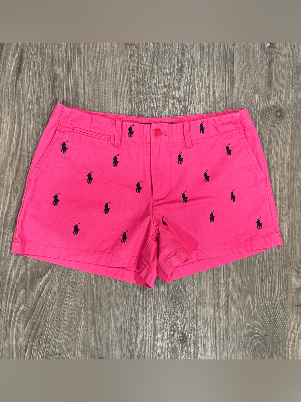 Ralph Lauren Hot Pink Cotton Shorts with Navy Embroidered Polo Motifs